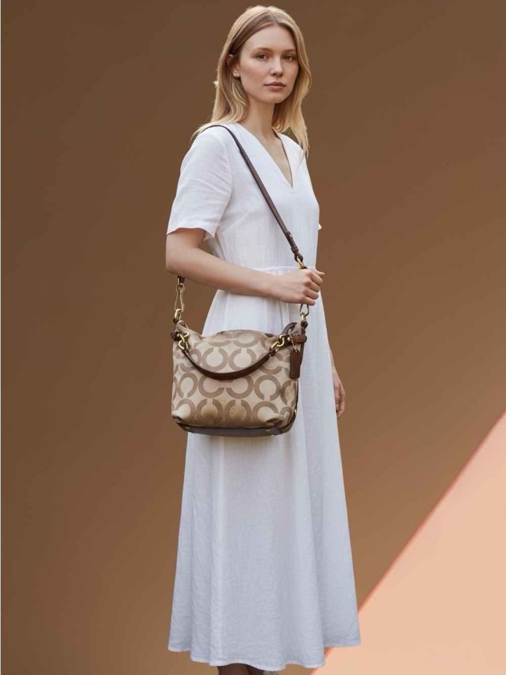 Coach Beige and Brown Signature Canvas Crossbody Bag